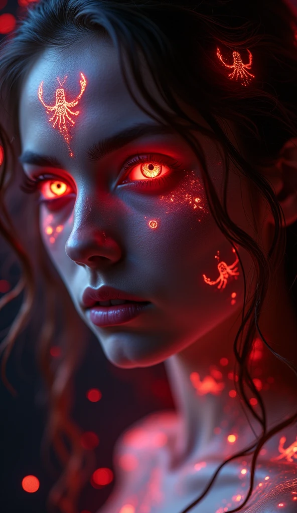 A stunning close-up of a mystical Scorpio woman, her captivating gaze enhanced by glowing crimson and black lights in her eyes. Delicate Scorpio zodiac patterns appear on her glowing skin, and her hair is adorned with subtle, glowing scorpion shapes. The background is dark, with red and purple hues adding depth and mystery.