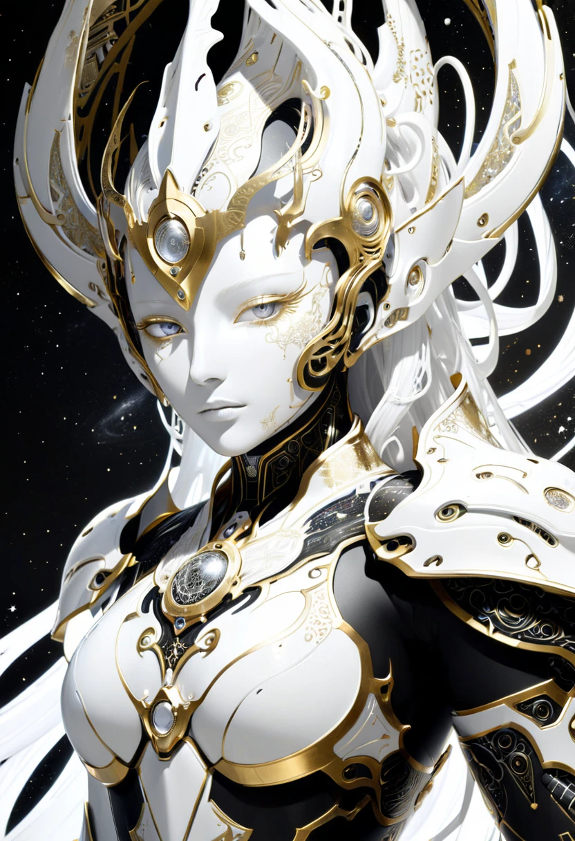 a highly detailed close up of a deity with a white and black biomechanical body, black and white void space, exquisite mix of magic and science, white biomechanical details, gold tracing around some armor pieces, great character design, white biomechanical details, white woman, highly detailed exquisite art, intricate white armor, beautiful face, halo of energy over his head. intrincate falling star backgrpound a highly detailed close up of a deity with a white and black biomechanical body, black and white void space, exquisite mix of magic and science, white biomechanical details, gold tracing around some armor pieces, great character design, white biomechanical details, white woman, highly detailed exquisite art, intricate white armor, beautiful face, halo of energy over his head. intrincate falling star backgrpound