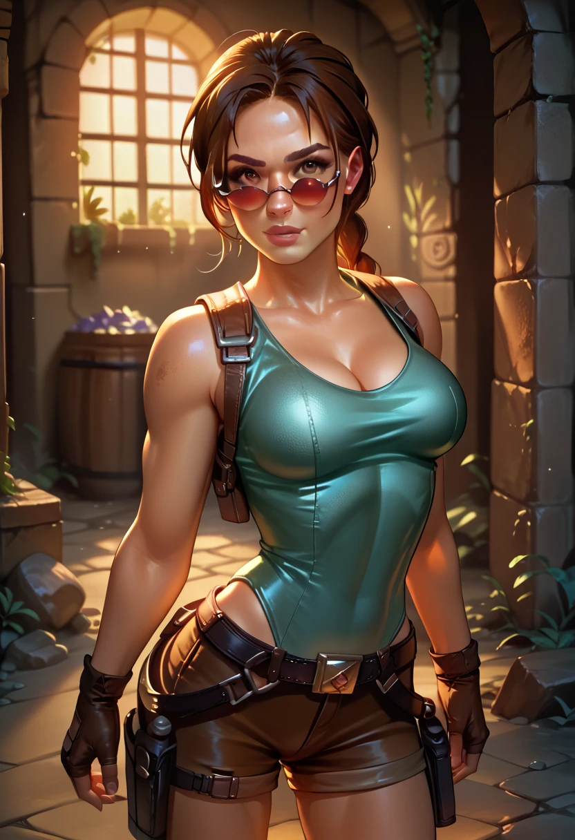 score_9, score_8_up, score_7_up, BREAK, score_9, 1girl, solo, looking at viewer, laracroftxl, fingerless gloves, holster, cleavage, shorts, tinted eyewear, medium breasts, leotard, thigh holster, dungeon, cowboy shot, from behind,