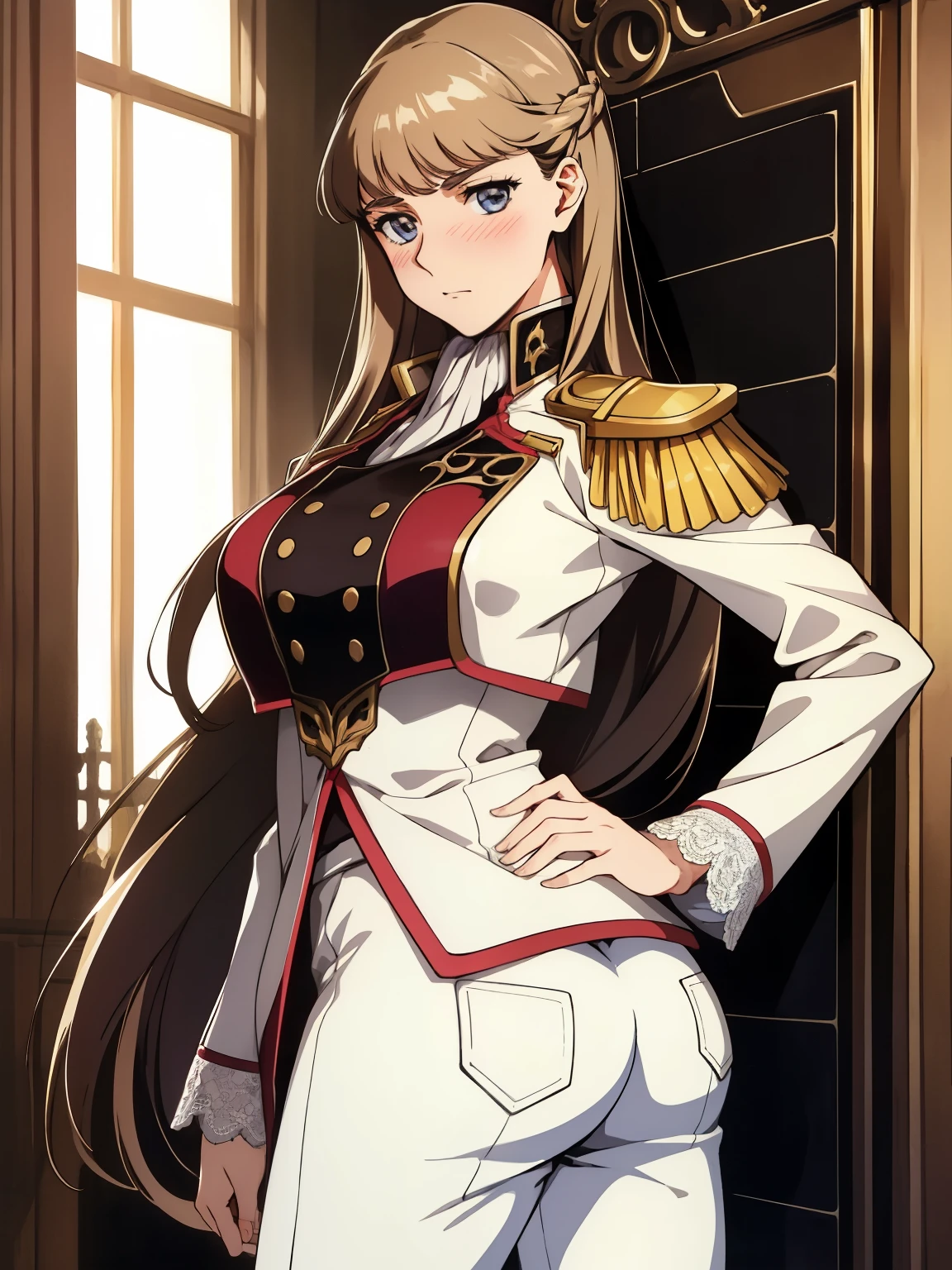 nsfw:1.5,1girl,blush,in heat:1.5,embarrassed,aroused,standing ,hands on hip,BREAK,RelenaPeacecraft, large_breasts, hair on her eyes , long brown hair , throw, hair stuck to my eyes, dazzling,dark eyes,luxurious RelenaMilitaryUniform,realistic white lace panties,skinny white pant,BREAK ,in the throne room,looking at viewers,cowboy shot,from behind,BREAK,best quality,anime key visual,highest quality, High resolution,  (shape:0.8),anime coloring,highly detailed face, detailed eyes,growing eyes,shiny skin,fine skin,white skin,dense skin,detailed hair,highly detailed legs,perfect lighting, Detailed CG, (perfect hands, perfect anatomy),High resolution,(Detailed wear ),slender limbs, delicate curves, dainty hands,figure:0.8,