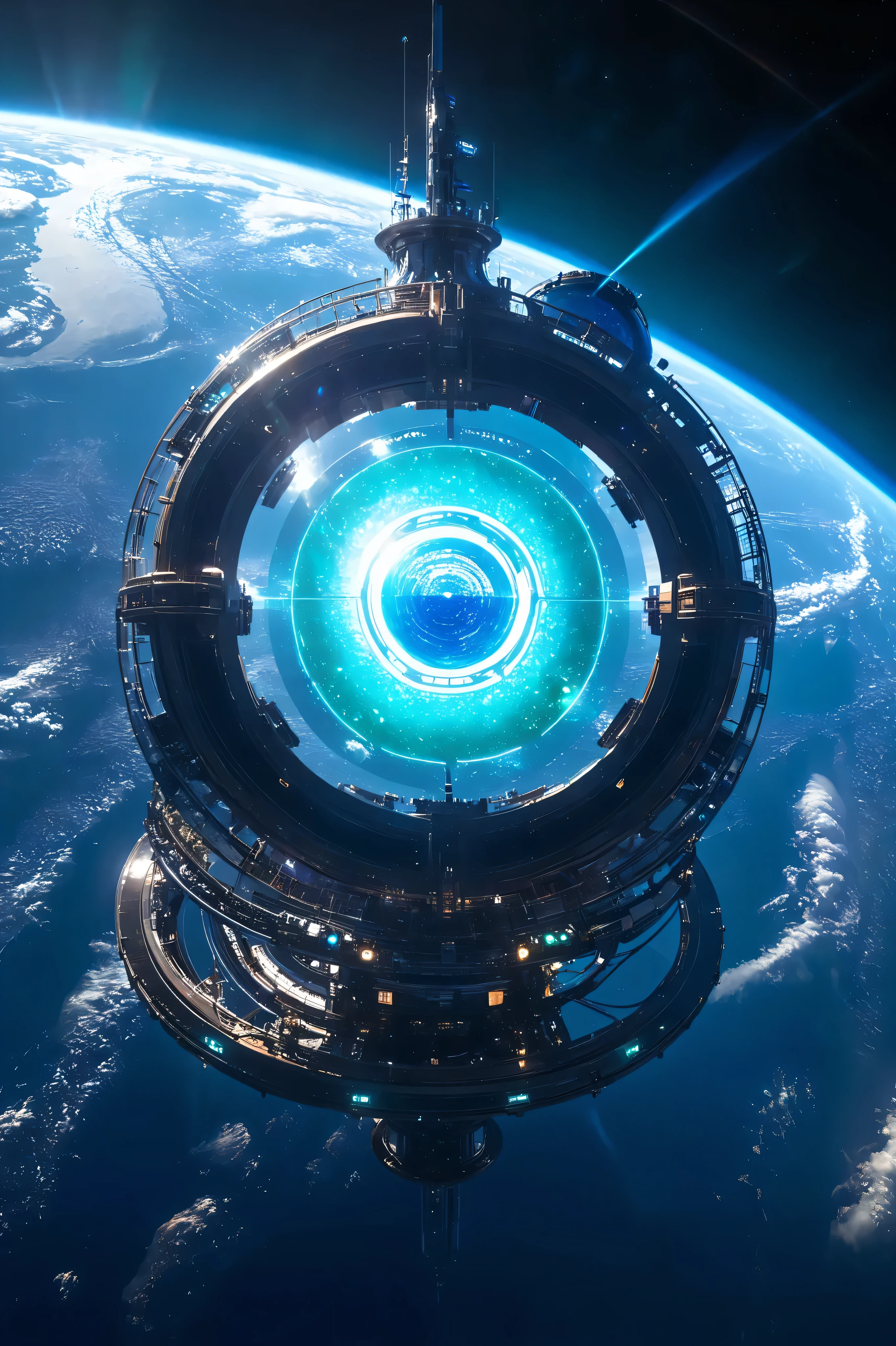 A futuristic space station orbiting a massive, Earth-like exoplanet with a shimmering aqua-blue ocean and swirling emerald-green clouds. The planet's surface is dotted with iridescent, glowing cities visible even from space. The station itself is an architectural marvel with rotating habitation rings, crystalline biodomes, and sleek docking spires. Its metallic surface reflects the warm hues of the planet's sunset, visible through a translucent atmosphere. The station's solar arrays extend like petals of a flower, glinting in the starlight. Surrounding the planet, a faint golden ring system arcs gracefully, giving the scene a surreal and majestic feel