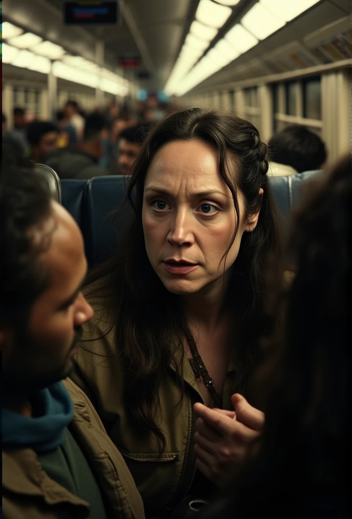 a woman being assaulted on a crowded train in india, detailed realistic expression, scared and confused, people in the background, photorealistic,cinematic lighting,dramatic angles,highly detailed,intricate background,gritty realistic,ultra detailed