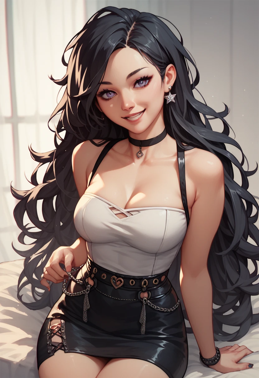 ashleyvk, 1girl, solo, black hair, medium breasts, choker, long hair, anime coloring, bare shoulders, mini skirt, smile