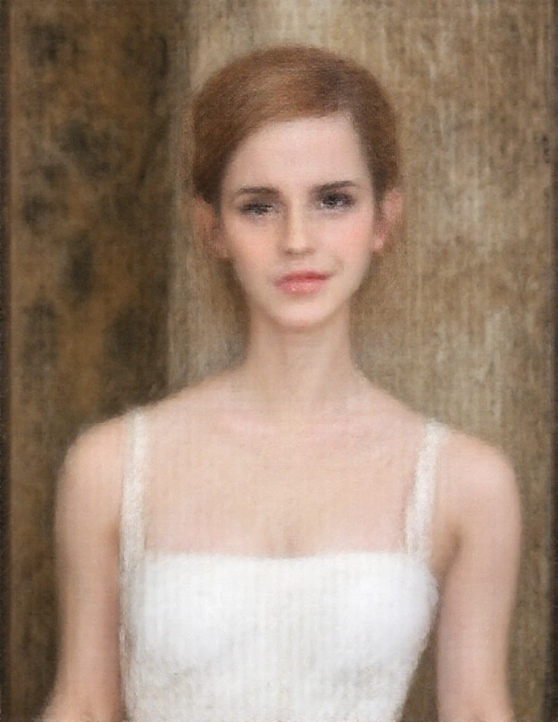 image of a woman with a white dress and earrings, portrait photo of emma watson, face of emma watson, clear portrait of emma watson, emma watson, emma watson smiling, emma watson portrait