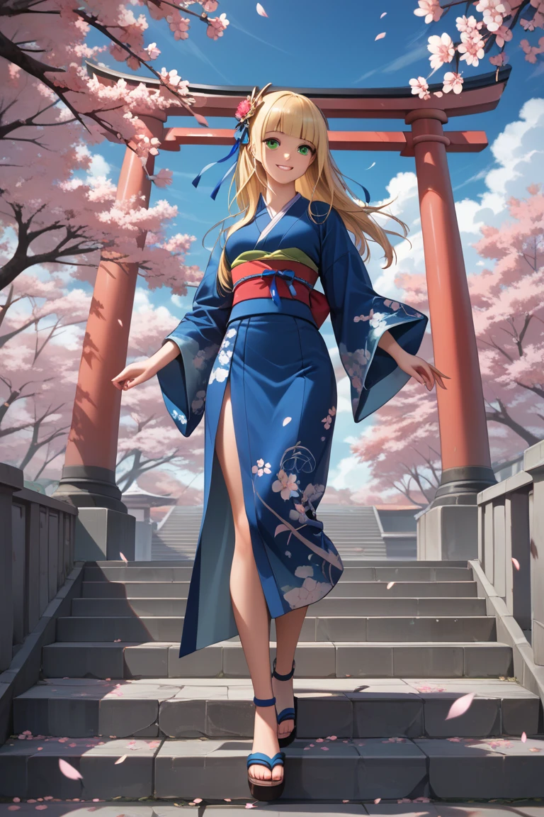 (((masterpiece: 1.5, best quality: 1.2, high resolution, super resolution, ultra detailed: 1.3, rich background: 1.4))), (close up), (1girl), solo, green eyes, blonde long hair tied with blue ribbon, hair ornament, blunt bangs, smiling, highschool girl, medium breast, ((cleavage)), (perfect fingers), ((hand on the air)), japanese clothes, (blue short pattern kimono), sandals, ribbon, obi, ((outdoor)), cherry blossom, (torii gate), stone staircase, sky (afternoon), cherry blossoms fall, ((dramatic light: 1.3)), cloudy, (fuji scenery behind)