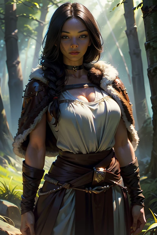 A beautiful brunette barbarian girl with braided hair, standing confidently in a forest. She has an innocent expression with detailed eyes. Her barbarian leather armor features intricate design and adorned with a fur belt and a fur skirt, complemented by leather straps and a sexy leather choker. She also wears a long fur cloak, flowing around her waist, while carrying a giant sword and displaying a striking runic tattoo on her skin. Her figure includes a slim waist, wide hips, and big natural breasts, standing tall with an air of strength and elegance.

The sunlight filters with a soft lighting through the trees, creating a spotlight effect on his face and chest, while the lower body is softly shadowed. The scene is set in a tundra forest, creating a detailed and immersive background. 

Rendered in a (((realistic))), ((fantasy style)) with (((masterpiece))) quality, 8k resolution, ((highest quality)), (((high resolution))), and (((super detailed))) focus, creating a visually stunning image.