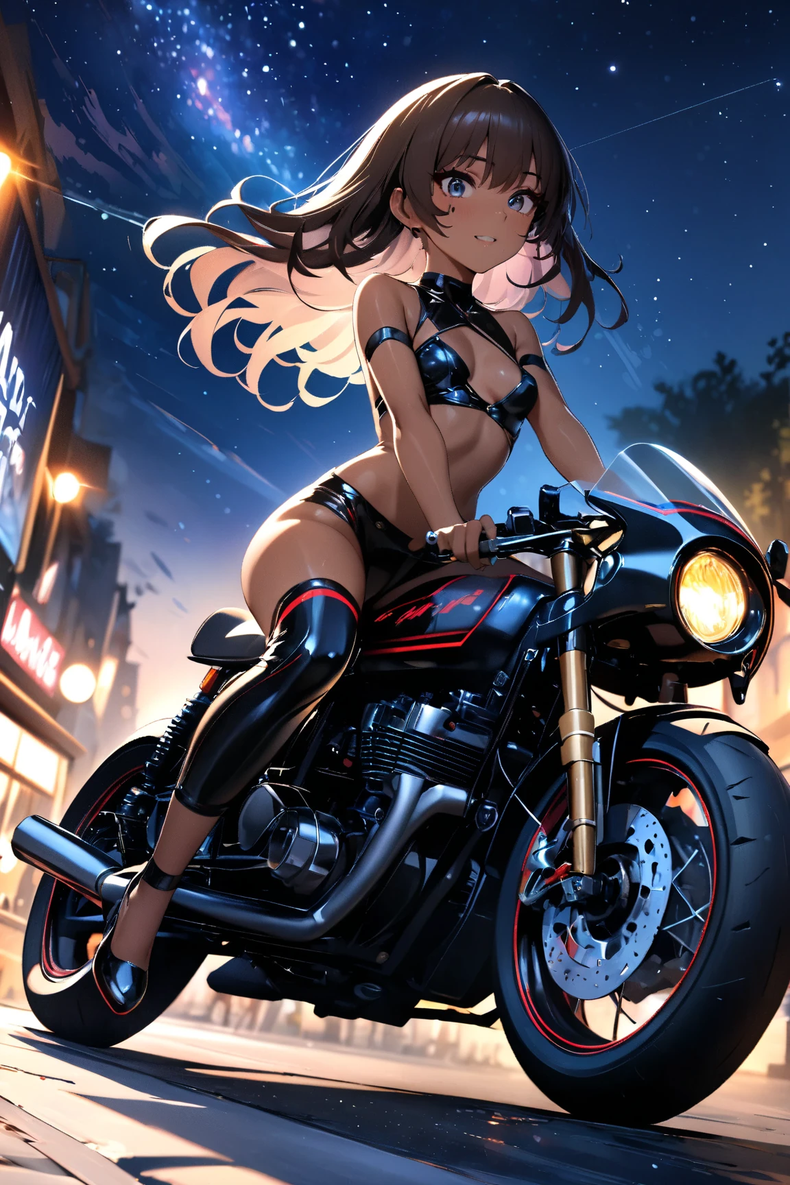 A girl riding a cafe racer-tuned motorcycle, glossy brown skin, small breasts, full body, very detailed face, Lip details, beautiful eyes, double eyelid, 4K, masterpiece., ACTION PAINTING, best quality, Beautiful starry sky, beautiful night view , random hair color ,Random outfit