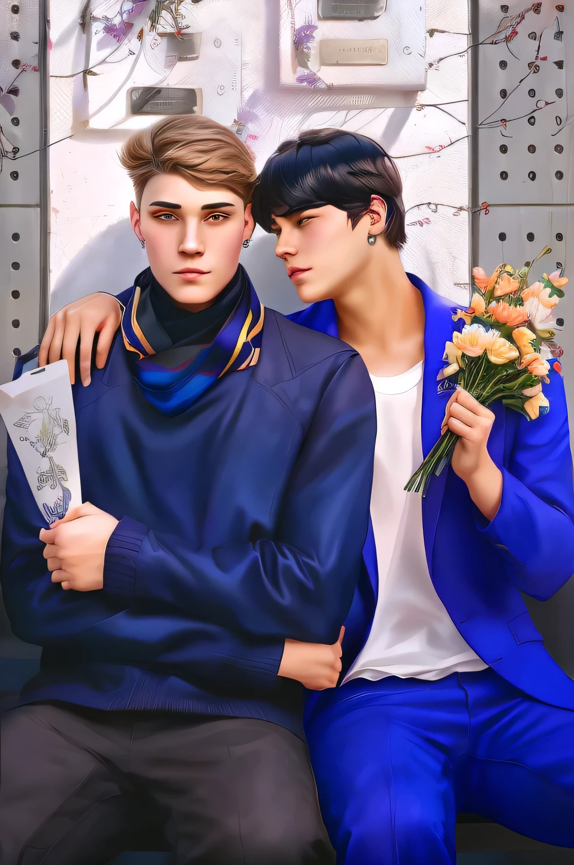 there are two boys sitting on a bench with flowers, lgbt art, Edmund Blair and Charlie Bowater, official fan art, in the style of digital painting, in the artistic style of Bowater, petros and leonid, nick silva and ilya kuvshinov, realistic art, cute boys, a painting of two people, in the style of digital illustration