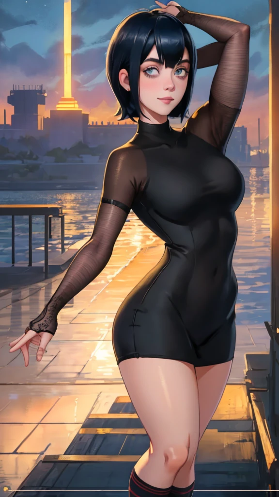 Against the backdrop of heavy traffic，A beautiful woman in a sexy black dress standing on an overpass