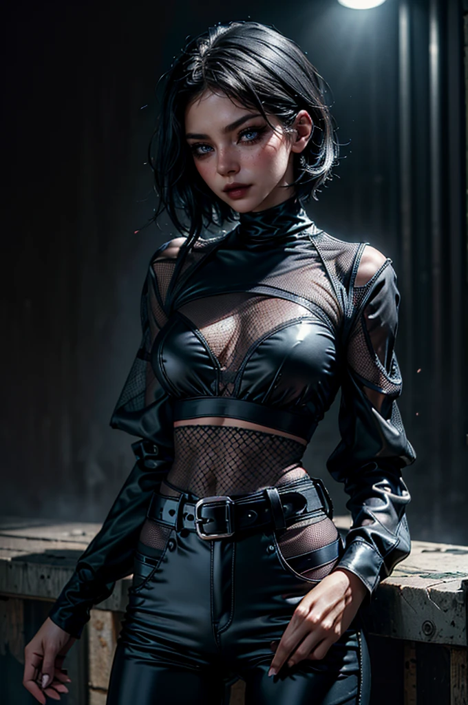 cowboy shot,a pretty 21 year old girl,back hair,short hair, hair over one eye,blue eyes,lora_Emma,skinny body type, (((very long sleeved black mesh shirt))),(covered torso),(very high-waist black ultra glossy and shiny latex pants),(belt),empty studio,(best quality,4k,8k,highres,masterpiece:1.2),ultra-detailed,(realistic,photorealistic,photo-realistic:1.37),dramatic lighting,cinematic,fashion photography,studio lighting,high contrast,vivid colors,beautiful detailed eyes,beautiful detailed lips,extremely detailed eyes and face,long eyelashes