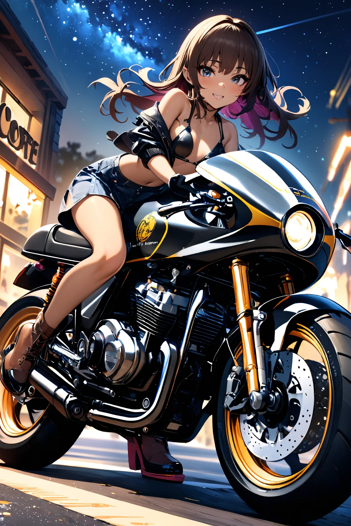 A girl riding a cafe racer-tuned motorcycle, glossy brown skin, small breasts, full body, very detailed face, Lip details, beautiful eyes, double eyelid, 4K, masterpiece., ACTION PAINTING, best quality, Beautiful starry sky, beautiful night view , random hair color ,Random outfit