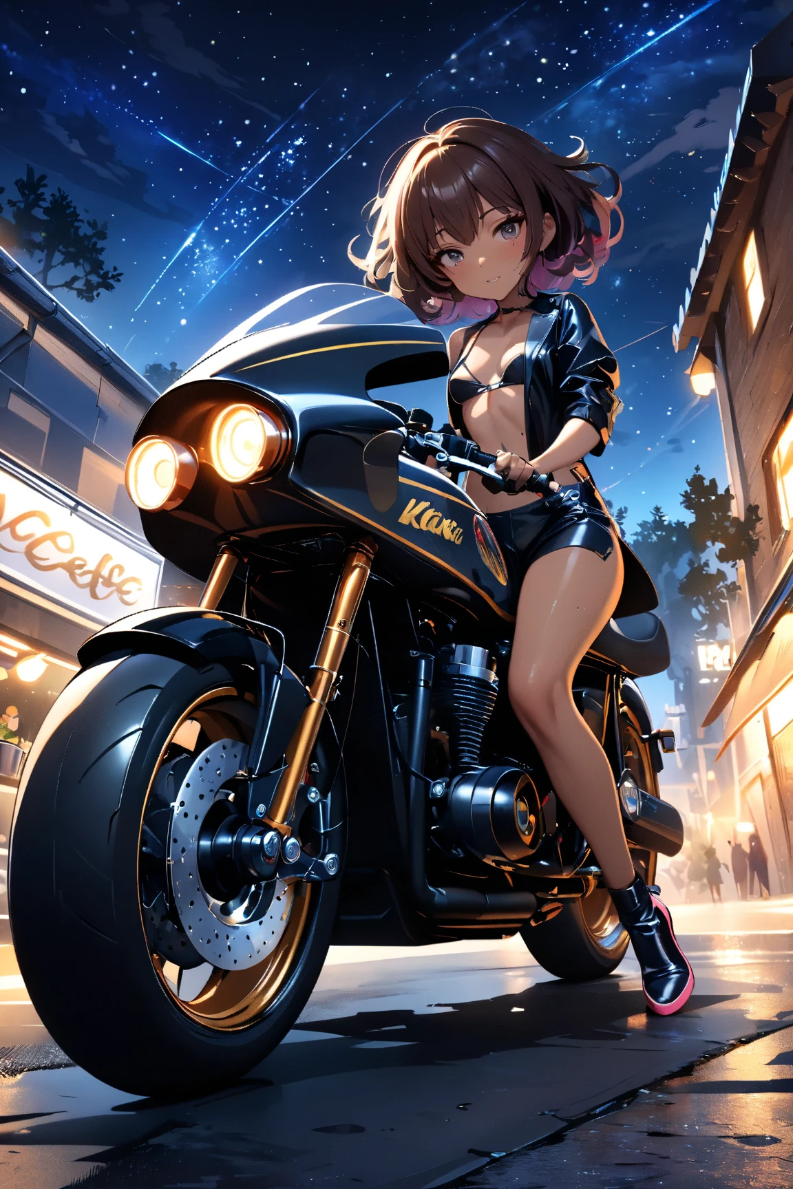 A girl riding a cafe racer-tuned motorcycle, glossy brown skin, small breasts, full body, very detailed face, Lip details, beautiful eyes, double eyelid, 4K, masterpiece., ACTION PAINTING, best quality, Beautiful starry sky, beautiful night view , random hair color ,Random outfit