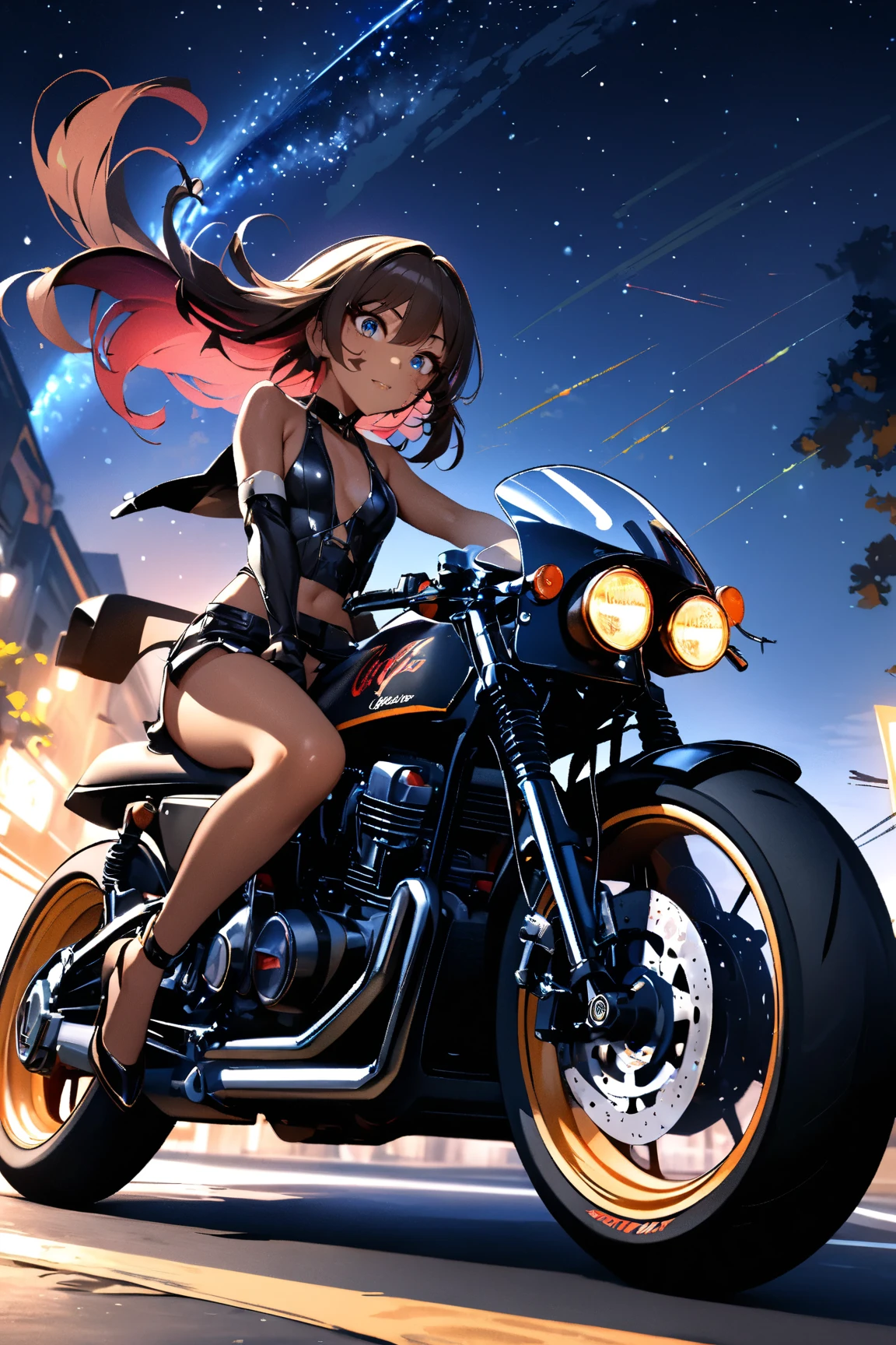 A girl riding a cafe racer-tuned motorcycle, glossy brown skin, small breasts, full body, very detailed face, Lip details, beautiful eyes, double eyelid, 4K, masterpiece., ACTION PAINTING, best quality, Beautiful starry sky, beautiful night view , random hair color ,Random outfit