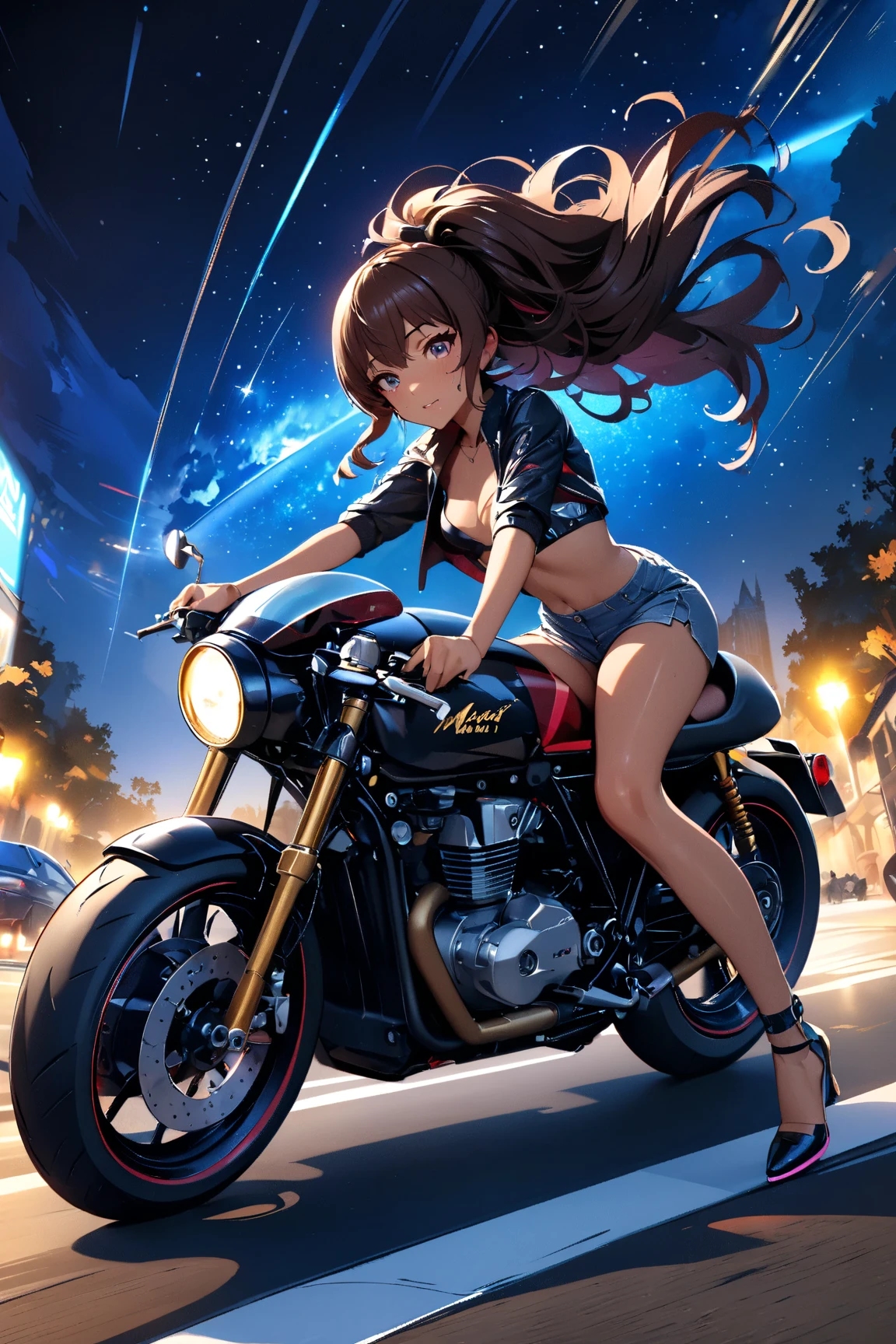 A girl riding a cafe racer-tuned motorcycle, glossy brown skin, small breasts, full body, very detailed face, Lip details, beautiful eyes, double eyelid, 4K, masterpiece., ACTION PAINTING, best quality, Beautiful starry sky, beautiful night view , random hair color ,Random outfit