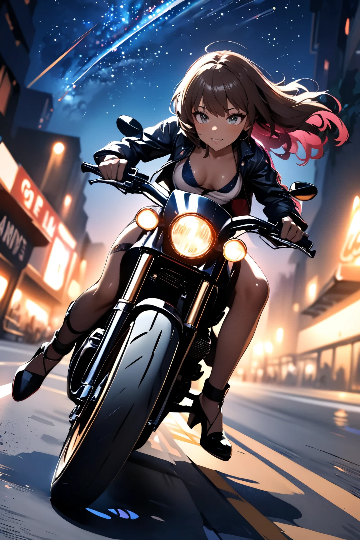 A girl riding a cafe racer-tuned motorcycle, glossy brown skin, small breasts, full body, very detailed face, Lip details, beautiful eyes, double eyelid, 4K, masterpiece., ACTION PAINTING, best quality, Beautiful starry sky, beautiful night view , random hair color ,Random outfit