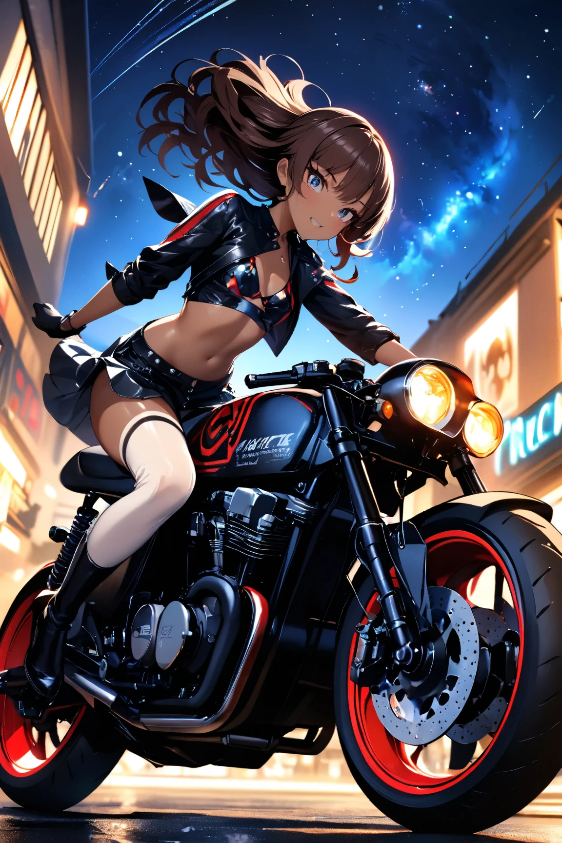 A girl riding a cafe racer-tuned motorcycle, glossy brown skin, small breasts, full body, very detailed face, Lip details, beautiful eyes, double eyelid, 4K, masterpiece., ACTION PAINTING, best quality, Beautiful starry sky, beautiful night view , random hair color ,Random outfit