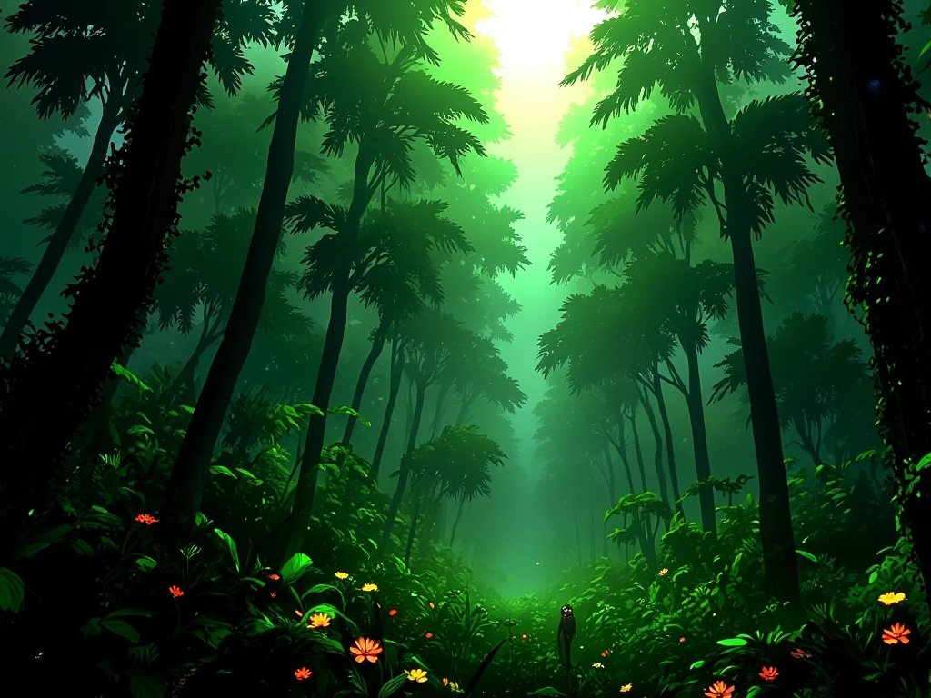 ((masterpiece)) ((photography)) ((Highest quality)) Create an atmospheric, mystical misty jungle scene at dawn. The dense foliage is a mix of tall, thick trees, large, vibrant green leaves, and creeping vines. Soft, low-lying mist weaves between the trees, partially obscuring the view and adding an eerie, otherworldly ambiance. The light from the early morning sun filters through the mist, casting a golden glow that creates dappled shadows on the ground. Exotic flowers with bright colors peek through the greenery, while a few wild creatures, like colorful birds and small animals, can be subtly seen in the background. The scene should evoke a sense of calm mystery and hidden secrets.