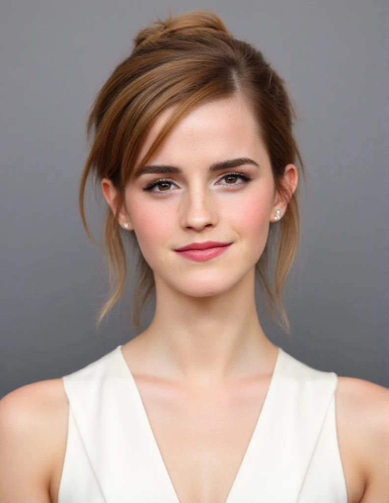 image of a woman with a white dress and earrings, portrait photo of emma watson, face of emma watson, clear portrait of emma watson, emma watson, emma watson smiling, emma watson portrait