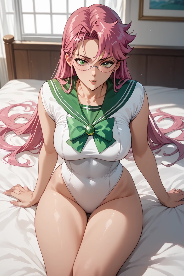  spandex White body suit　 bed　     invited position 　 sexy　 showing private parts 　 open thighs　 　　　M-shaped legs　                      Sailor　Jupiter costume
   ecstatic expression　
takagi saya glasses pink hair　
