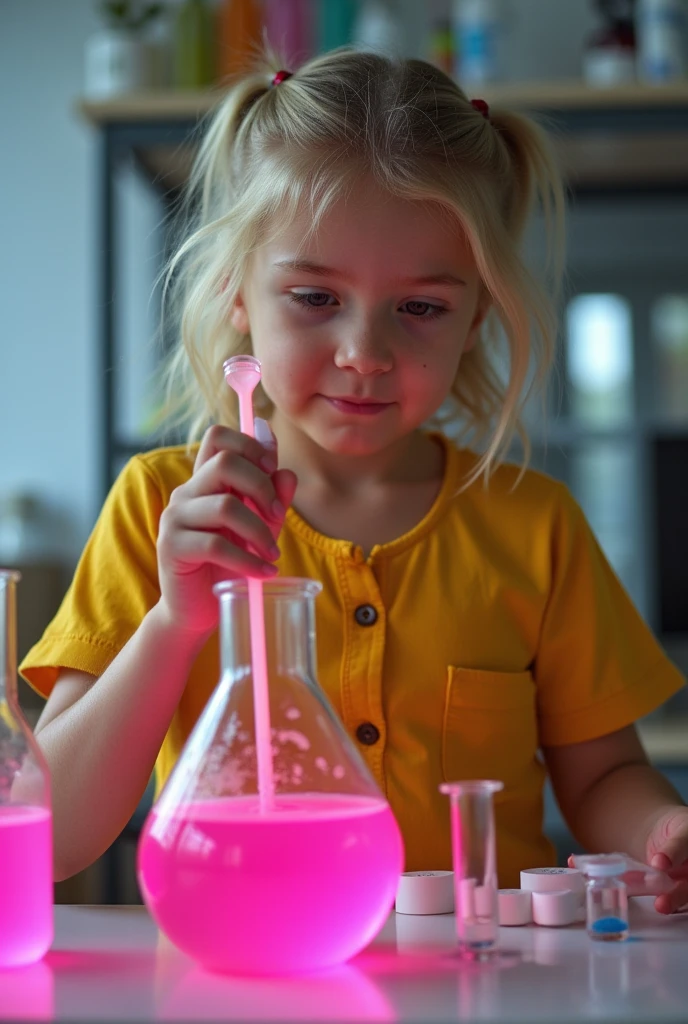 Realistic photograph of a cute pre teen blonde girl  in a lab, wearing shorts and a yellow blouse, she is mixing pink liquid, vials, glowing pink liquid, the chemicals just gave her mega nipples, super long hard nipples covered by her top, nipple pokies, hard nipples, pokies