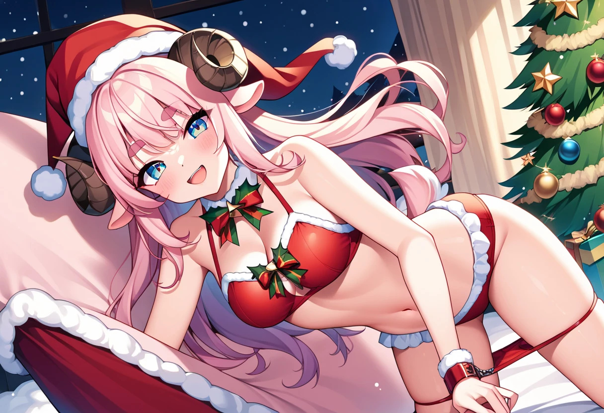 1 girl, game CG, Santa Claus costume, short skirt, cleavage visible, hair ribbon, gigantic breasts, pink hair, long hair, straight hair, ahoge, pink eyes, Christmas background,