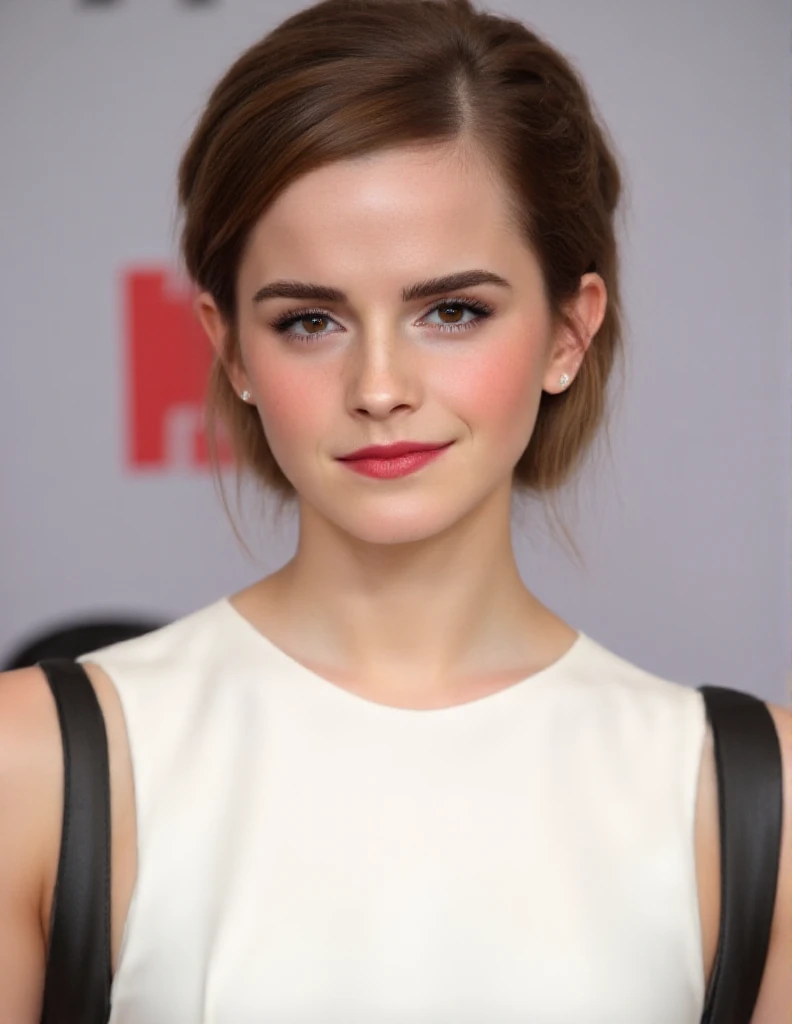 image of a woman with a white dress and earrings, portrait photo of emma watson, face of emma watson, clear portrait of emma watson, emma watson, emma watson smiling, emma watson portrait