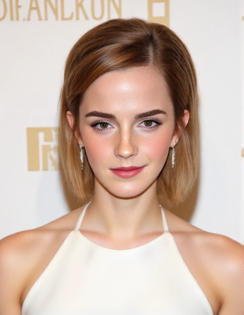 image of a woman with a white dress and earrings, portrait photo of emma watson, face of emma watson, clear portrait of emma watson, emma watson, emma watson smiling, emma watson portrait