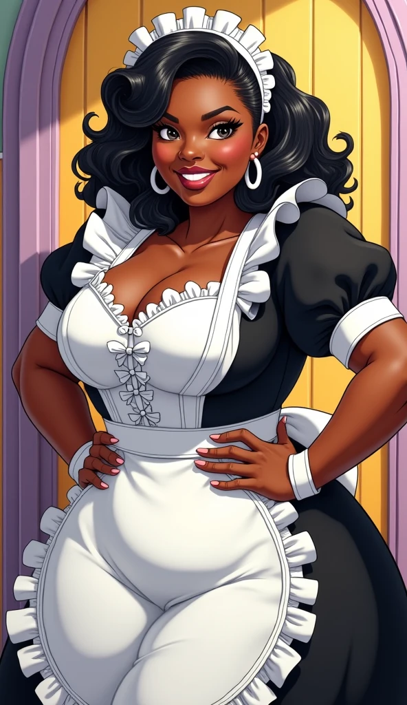 1 female, perfect, best quality, highres, black girl ,tan lines , in maid outfit , ripped fishnet , upper view on tits , clothed
