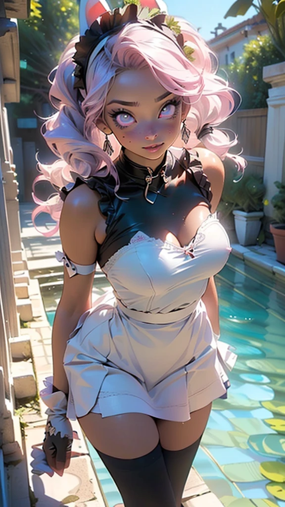 girl,1girl,cute bunny girl,(((1girl))),((bunny girl with extremely cute and beautiful light purple hair)),(((bunny girl:1.5,anthro furry cute,bunny-girl))),(((white bunny ears:1.5,white bunny ears on head:1.5,big white bunny ears)))

(large breasts:1.5),((light purple hair,hair between eyes,long hair,twintails,sidelocks)),(((dark_pink_eyes:1.3))),intricate eyes,beautiful detailed eyes,symmetrical eyes,((((lustrous skin:1.5,bright skin: 1.5,shiny skin,very shiny skin,shiny body)))),(spider lower abdomen,narrow waist,wide hip,athletic body,inflated legs,thick thighs),(((detailed face))),beautiful detailed lips,(((black race:1.2))),

(cute,slutty,sensual,seductive look,seductive,sexy,((erotic)),((nsfw)),

(((maid,maid headdress))),((apron,waist apron,white apron)),((bandeau,pink bandeau,cleavage,enmaided,frilled skirt,micro,skirt frills)),((elbow gloves,white gloves,gloves)),((pink shrug,shrug clothing,pink skirt,thighhighs,white thighhighs ))

(cute pose:1.0),(centered,scale to fit dimensions,Rule of thirds),

((beautiful bath house made of greek marble and pillars, beautiful clear water in pool)),scenery:1.25,((intricate scenery)),((greek temple background)),

(Glossy greek ornaments),highres,sharp focus,(ultra detailed,extremely detailed),(photorealistic artwork:1.37),(extremely detailed CG unity 8k wallpaper),(((vibrant colors,vibrant theme))),(intricate),(masterpiece),(best quality),artistic photography,(photography taken by sldr),(intricate background),perfect rendered face,perfect face details,realistic face,photo realistic,((intricate detail)),(((realism))),
