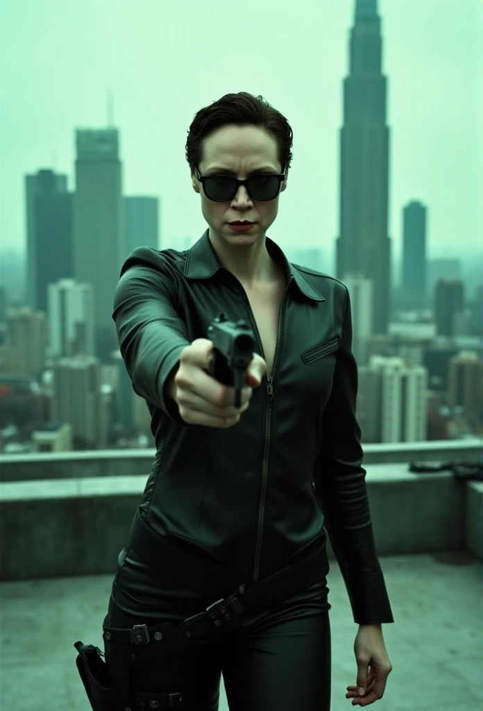 Create an image of a fierce, action-oriented woman standing on a futuristic rooftop. She is wearing a sleek, black leather outfit that highlights her athletic physique. Her short, dark hair is slicked back, and she sports dark sunglasses that reflect the urban landscape around her. The woman is holding a handgun straight towards the viewer, with a determined and intense expression on her face. The background shows tall, modern buildings under a greenish tint, giving the scene a dystopian and high-tech atmosphere, similar to a scene from a cyberpunk action film.