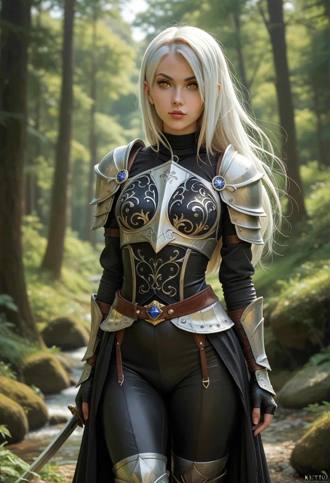 Realistic photos of beautiful mature women, (Zhang Tze:0.5), (Skin Texture:1.1), (Detailed eyes), (white hair with black roots,), (Long wavy hair), (Detailed face), (Skin pores), (Legs), (broad shoulders), (strong thick body), pale skin, ((High Detail Filigree Armor)), On the ramparts, Facing the camera, (masutepiece), (Photorealistic:1.4), Raw photo, Best Quality, hight resolution, Rich colors, Backlight, Bright sunlight, Cinematic lighting, Film grain, Raw photo, 50mm Lens, Nikon D850, Warm colors　Beautiful black and blue armor　Black and blue trousers