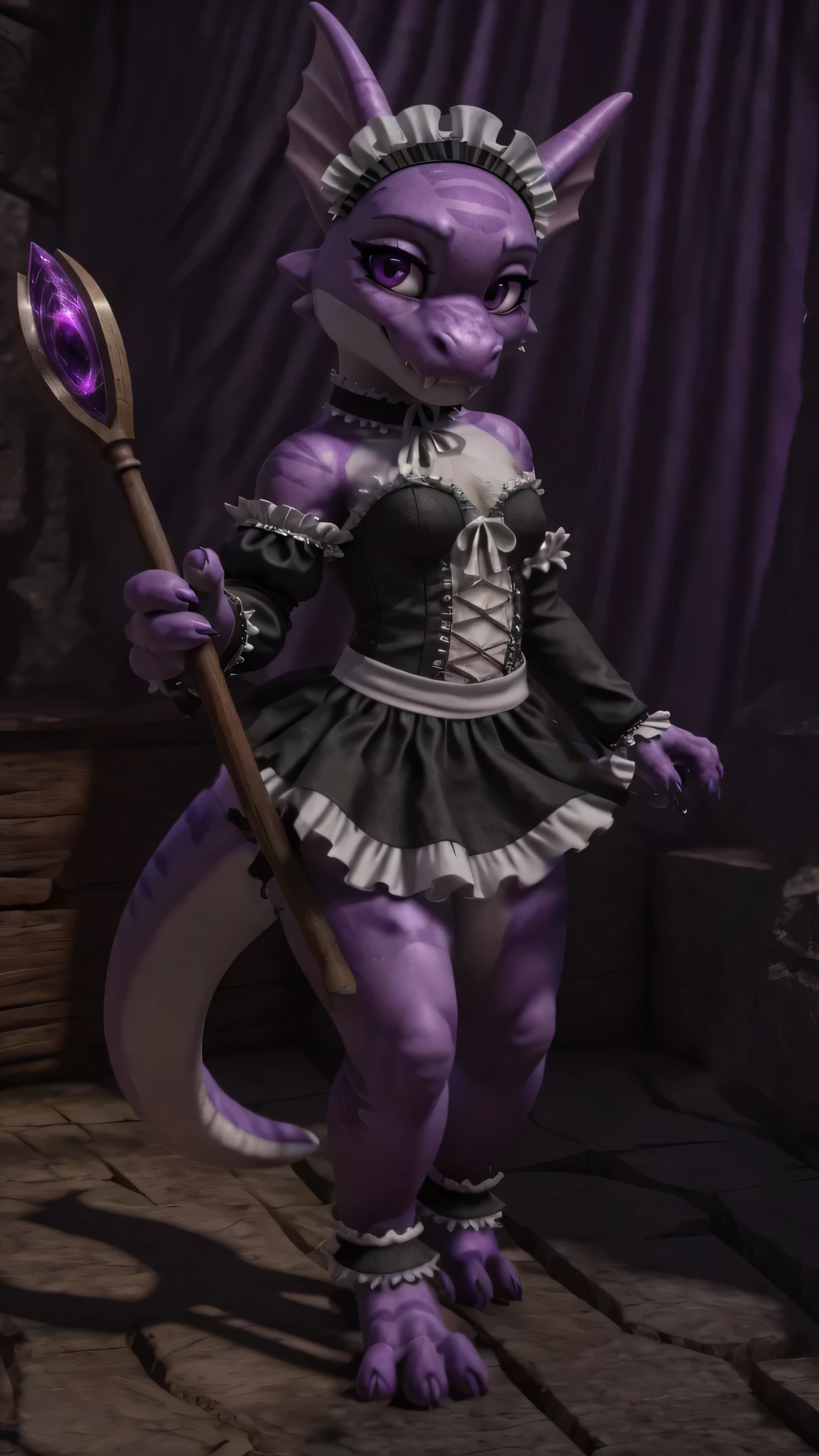 [References from Overlord MMORPG Anime], realistic quality, unreal engine:0.7, kobold, cute, petite, small, short, maid uniform, flat chest, looking at viewer, panties peek, scales, purple scales, hair, purple eyes, hypnotizing seductive eyes waves dark lighting 1.9, holding a weapon staff magic, fangs, detailed lighting, detailed shadows, chibi, slim curvy waist, [ 4 k photorealism ]!!!, [ 4 k photorealism ]!!, succubus in tight short dress, furry fantasy art, rendered in sfm, white panties, dutch angle, (correcting sfw 1.3) (correct fangs, cute), seductive, 4 fingers kobold, detailed hands, Fight with a staff magic in your hand, Accurate and powerful poses, emit purple light, fully clothed, sfw, (correcting small tail), maiden bow on tail 1.37, correcting shadow 1.2, (correcting detail claw/feet 1.0),