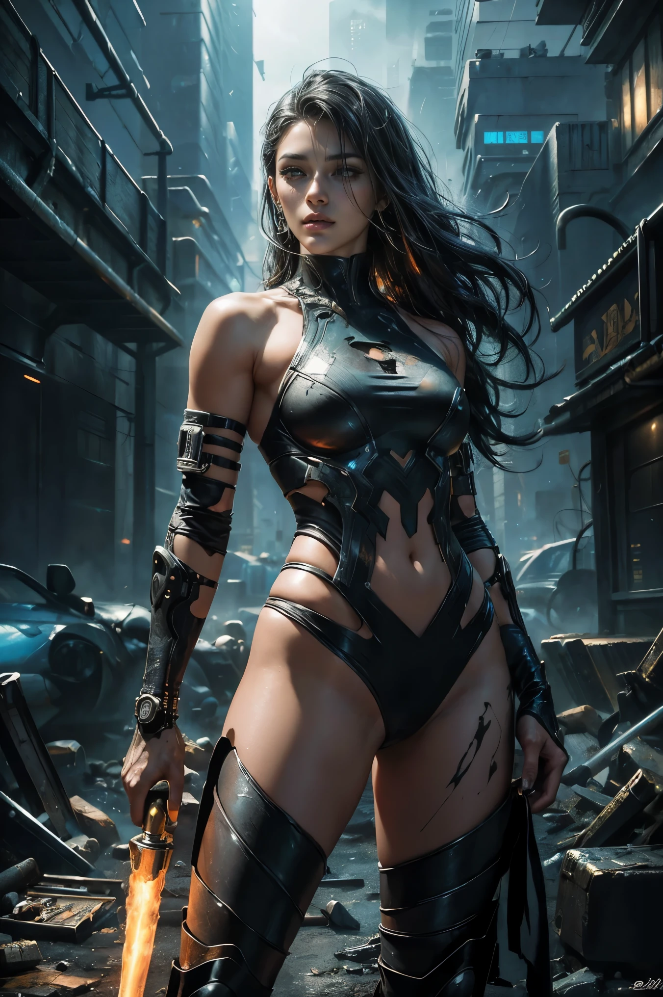 A mesmerizing digital artwork by ُ Sasan, drawing inspiration from Louis Jover's style, captures the essence of a futuristic and alluring female mercenary. Adorned in a striking ensemble, the character's outfit seamlessly merges the elegance of high-resolution charcoal drawing with the vibrancy of charcoal and watercolor painting. The attire is further accentuated by the application of textured oil paints with a palette knife, creating a one-of-a-kind and visually captivating effect. The mercenary's enticing presence is set against a backdrop of stark contrasts and intricate details, embodying the true spirit of cyberpunk aesthetics. Created by Sasan