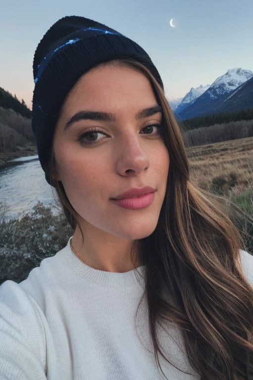 photo realistic, best quality, hyper detailed, gorgeous woman, selfie photo, underboob sweater and panties wearing, al fresco, (night), mountains, nature in real life, stars, moon, (cheerful, happy), sleeping bag, gloves, sweater, beanie, torch, forest, rock, river, wood, smoke, tooth, clear sky, analog style, view of the viewer, skin texture, film grain, close up, ultra-high resolution, best shadow, RAW, instagram LUT