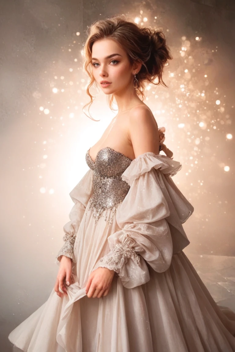 An 18 years old European girl with pale skin and long, wavy rose_gold hair. large and magenta colored eyes, full lips, with an adorable, and innocent face. She should have a happy expression, wearing a luxurious, flowing dress. The dress features a white base with a soft pink gradient from the waist down, and is adorned with intricate golden patterns resembling lace or spider webs. The bodice is form-fitting, with a heart-shaped, off-the-shoulder neckline, and a golden ornament at the waistline. She wears long, transparent bell sleeves with golden patterns. The skirt is long with a slight open front, revealing tight-fitting white leggings underneath, and has a small train at the back. The character also wears white ankle-high boots with pink accents. Accessories include a small round pendant on a choker necklace and golden hair ornaments with red decorative pieces extending from them. The overall aesthetic is elegant, ethereal, and fit for a royal or divine figure in a high-fantasy setting. small chested, slender, petit, cinematic lighting, chromatic aberration, backlighting, masterpiece, high details, high quality, 4K.