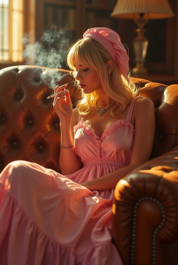 ((masterpiece)) ((photography)) ((Highest quality)) Une gorille anthropomorphe blonde, vêtu d’un peignoir rose et d’une serviette sur la tête, se prélasse sur un canapé de cuir luxueux tout en fumant une cigarette, projetant une atmosphère de coolitude et de nonchalance.