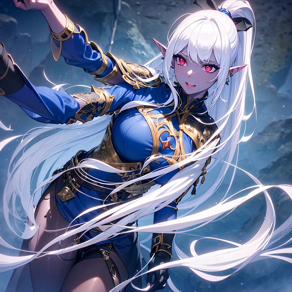 (masterpiece, best quality, photo realistic:1.4), (shiny skin), (UHD, 8K wallpaper, High resolution), Perfect anatomy, Cinematic lighting, physically-based rendering, award-winning, extremely detailed skin, extra detailed face, eyes with beautiful details, dark elf woman, (white hair, ponytail with bangs hairstyle, red eyes, navy blue skin, pointy ears), (dark blue skin:1.4), wearing medieval archer outfit), athletic figure, stern expression, (in underground cave)