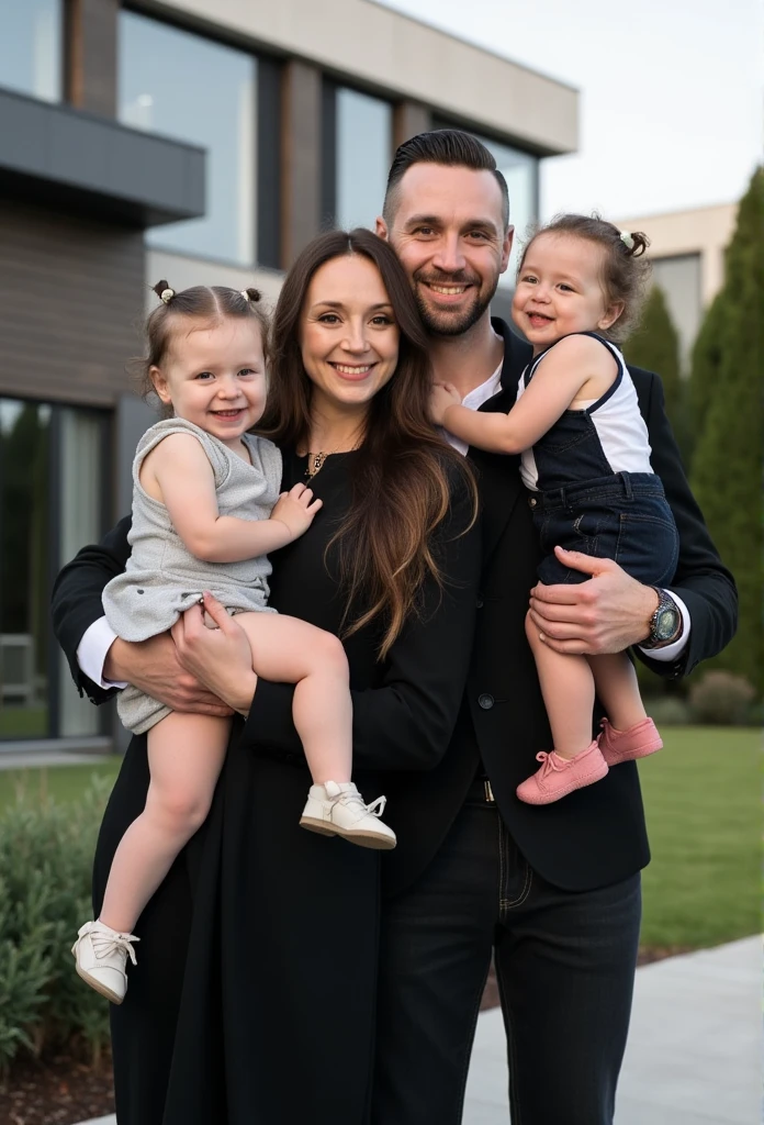 a full body view of  a Croatian woman with long brown hair, brown eyes and freckles wearing black. hugging an tall american man, with brown eyes a black fade and clean shaved. each holding laughing twin babies with cute dark hair and cute outfits. outside a luxurious modern house