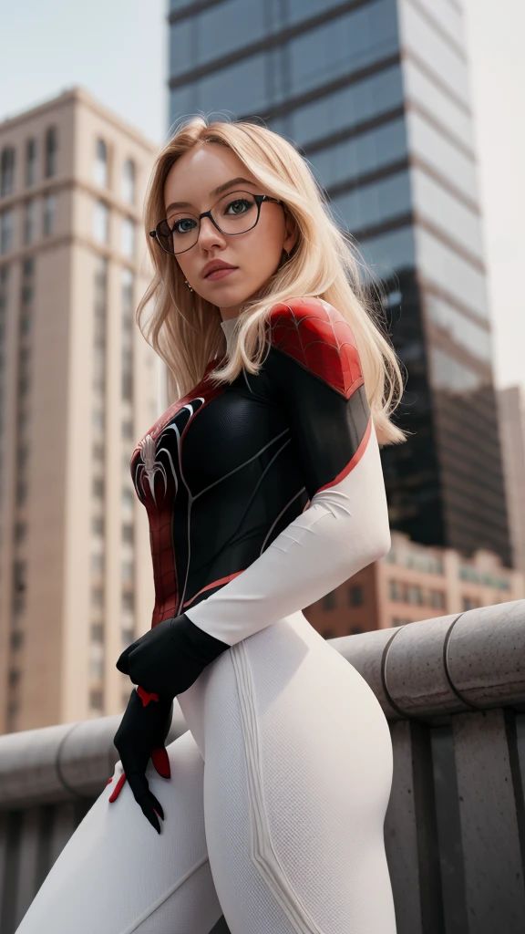 sydswe2024, 1girl, blonde hair, photorealistic, best quality, masterpiece, raw image, depth of field, on top of building, new york skyline, black suit, white trimming, spider woman, skintight suit, white spider symbol, nerdy glasses, 5 fingers,