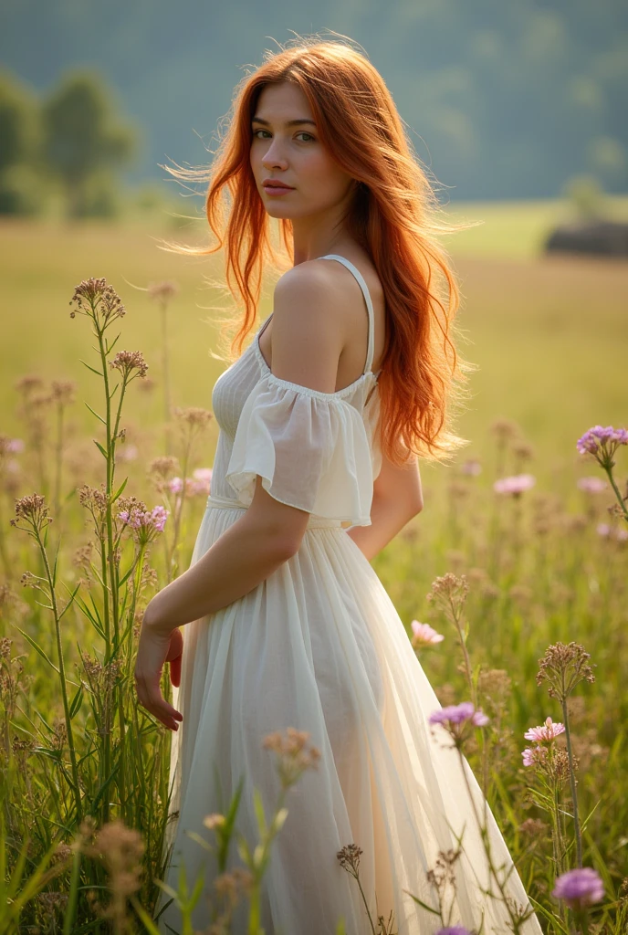 Red-haired woman in a field of daisies, In the field of flowers, In the field with flowers, girl Standing in a field of flowers, The woman, standing in a field of flowers, standing In the field with flowers, A girl in a flower field, A  girl, standing on a flower field, Portrait of a girl in a flower field, Standing in a field of flowers, a goddess In the field of flowers