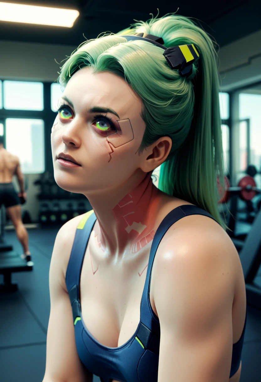 Gym, Rebecca cyberpunk edge runners,, green hair, 