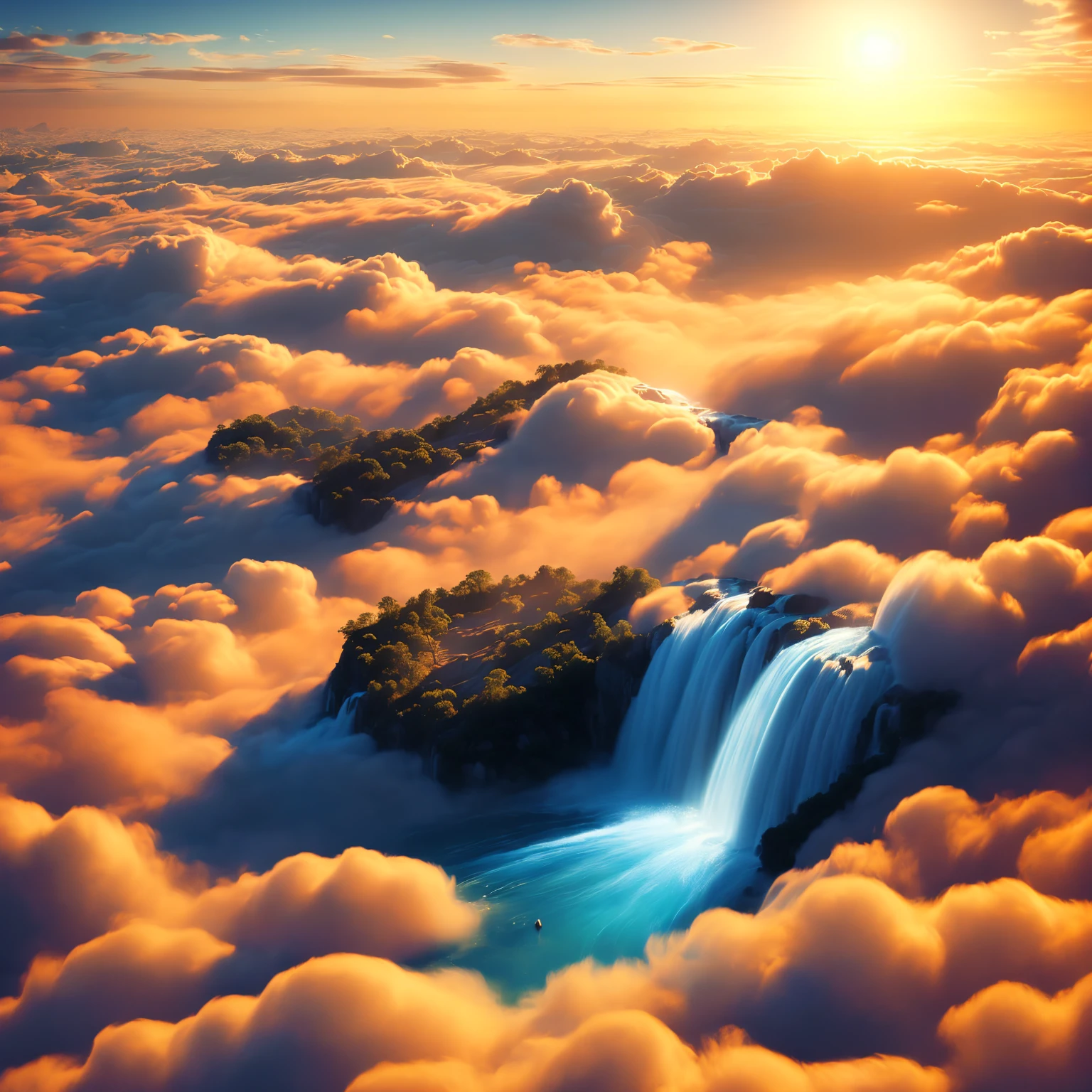 8K quality,(super masterpiece:1.3), top quality, detailed images,unmanned,No bio,( there is no land,There are no plants , only water, clouds, and space ),( imaginary,dreamy,There is a lake,Lake between clouds , Water flowing from clouds like a waterfall ),(heaven,Sky,Shangri-La,Arcadia,Utopia),( A beautiful lake spreads out above the clouds, water is flowing from the clouds , covered by lots of clouds ),(During the evening and night ,The sun is God 々Shining brightly, the stars are shining ,Golden Gradation ).