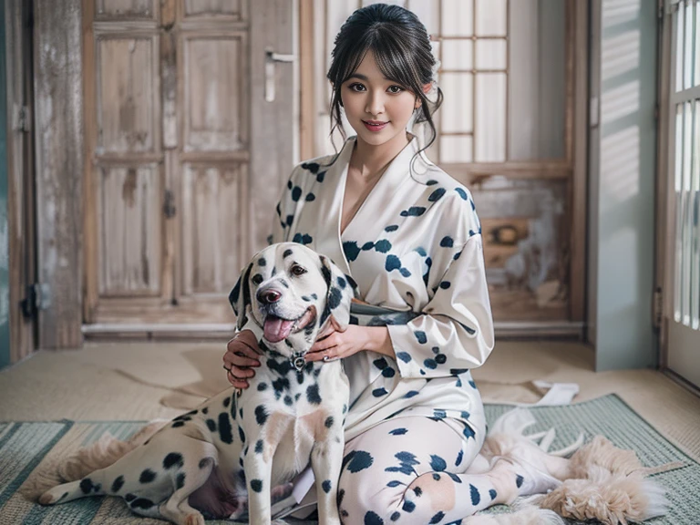 （ DVD jacket front and back 、５：５）、（ front shot / side shot）、（wedding photo dalmatian ）１８black-haired girl and dalmatian dog,Pregnant woman looking sadly at the camera, 7-month-pregnant girl , Dalmatian dog hugging , low-fabric bridal costume ,  wedding photo with pregnant woman and Dalmatian dog in Japan、(nsfw)