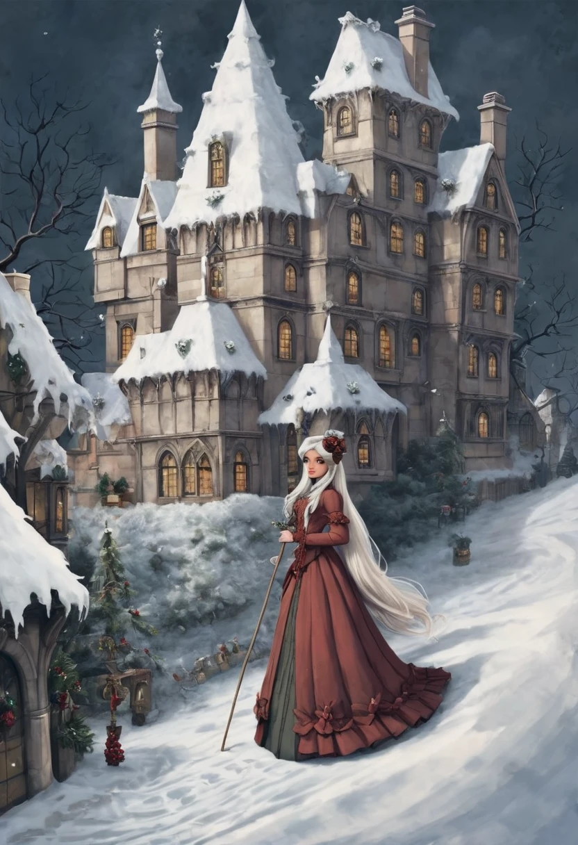 A Victorian Christmas. Pretty Lady. snow, tree. town. Ariana Grande. In The Style Of Brian Froud And Joe Sutphin