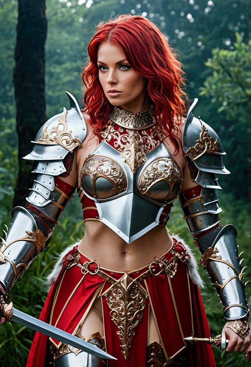  a woman in a bikini and armor holding a spear, ornate bikini armor, ornate cosplay, bikini armor female knight,  bikini armor ,  bikini armor , bikini armor, impressive armor, Very beautiful female barbara, wearing fantasy armor, Warrior Outfit, metallic bikini, Beautiful armor,  Red-haired queen in heavy red armor , very stylish fantasy armor,  cinematic goddess body , fantasy armor