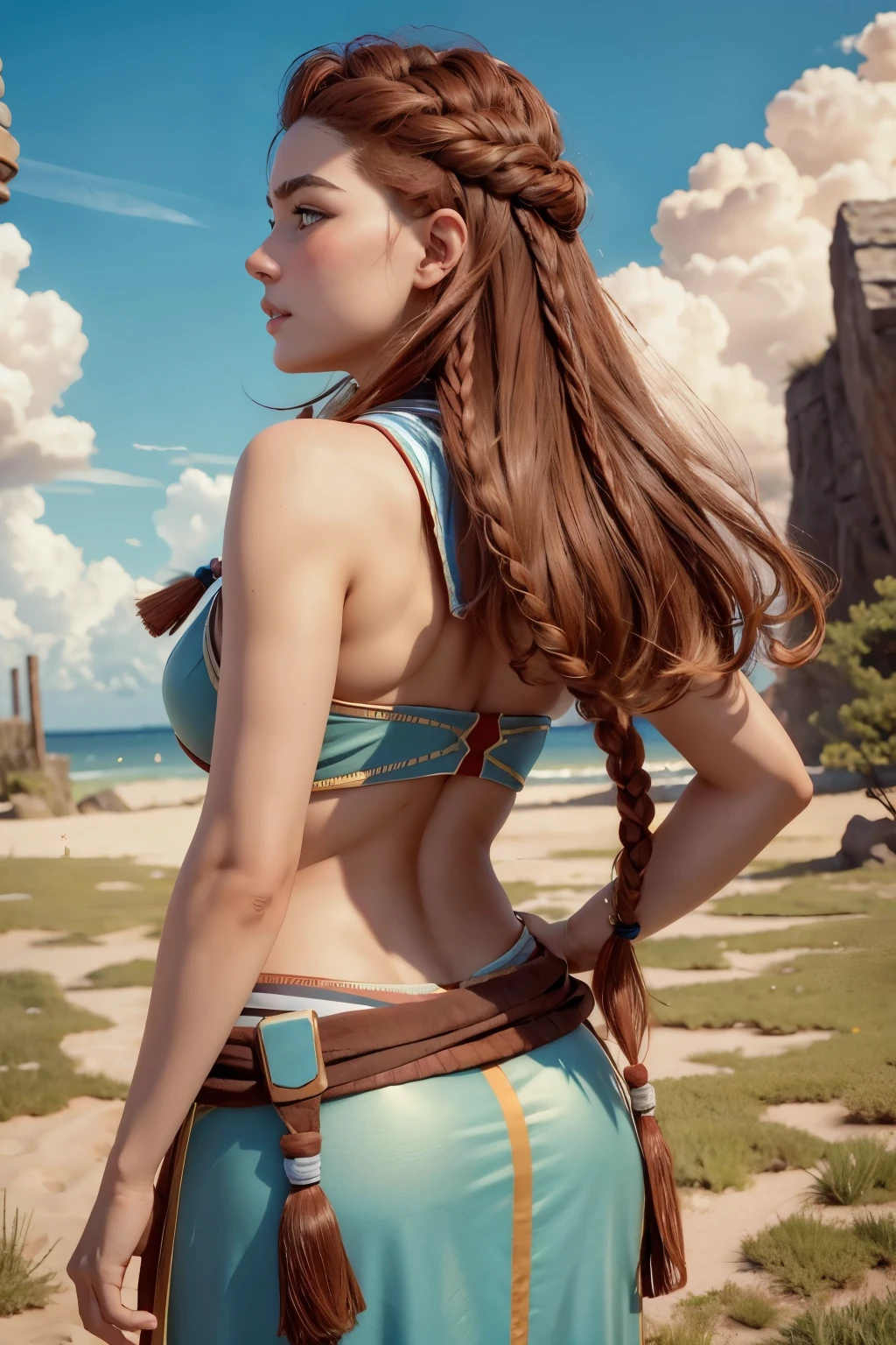 AloyHorizon, Alone, long hair, smile, brown hair , hair ornament, navel, brown eyes , arm , Braid, outdoor, parted lips, sky, is, isfragma, red hair , from behind, armdura, blue sky, lips, looking away , thick eyebrows , shoulder armdura, freckles, showing big ass , semi-nu.
