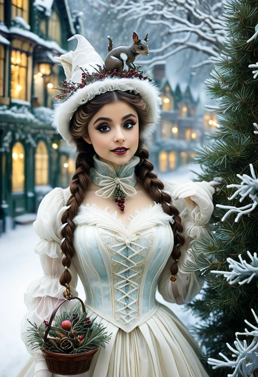 A Victorian Christmas. Pretty Lady. snow, tree. town. Ariana Grande. In The Style Of Brian Froud And Joe Sutphin