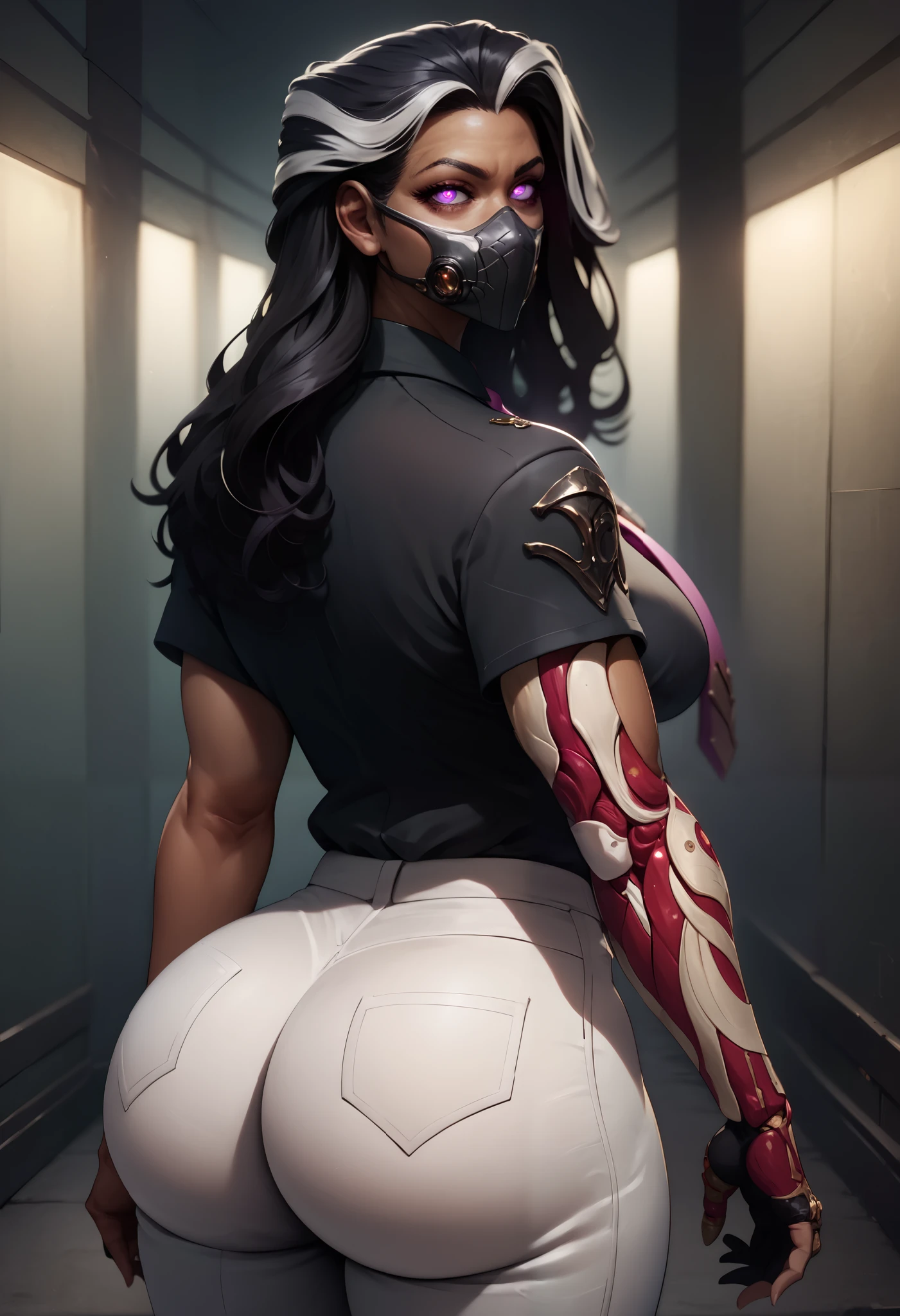 (score_9, score_8_up, score_7_up, score_6_up:1.2), (ai-generated:1.2), (Maximize Detail Slider:1.2), (Insanely Detailed:1.2), (easynegativev2:1.2), (source_anime:1.2), (very aesthetic:1.8), (add refined textures:1.8), (enhanced resolution:1.8), (Focus on textures and lighting:1.8), BREAK 1girl, solo, long hair, looking at viewer, bangs, black hair, red eyes, gloves, long sleeves, full body, hair between eyes, closed mouth, jacket, gorgeous, ass, white hair, multicolored hair, black gloves, looking back, pants, striking look, beautiful, streaked hair, symbol-shaped pupils, alluring, white jacket, black background, red pupils, x-shaped pupils, fu hua, arlecchino \(genshin impact\), beautiful cinematic light, shallow depth of field, photographed on a Hasselblad X1D II 50c, 90mm f/2. 8 cine lens, sharp focus, cinestill 800T, (highly detailed, intricately detailed), HDR, 8k, cinematic film still from [outdoors|castle]