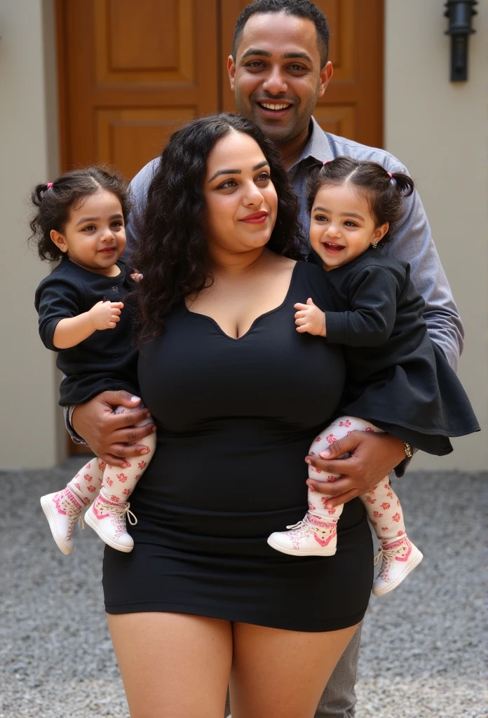 a full body view of  a indian mature big boobs woman with long black hair, black eyes and freckles wearing black. She wearing a very short sexy dress showing her Thigh,deep clevage,hugging an tall american man, with brown eyes a black fade and clean shaved. each holding laughing twin babies with cute dark hair and cute outfits. outside a luxurious modern house