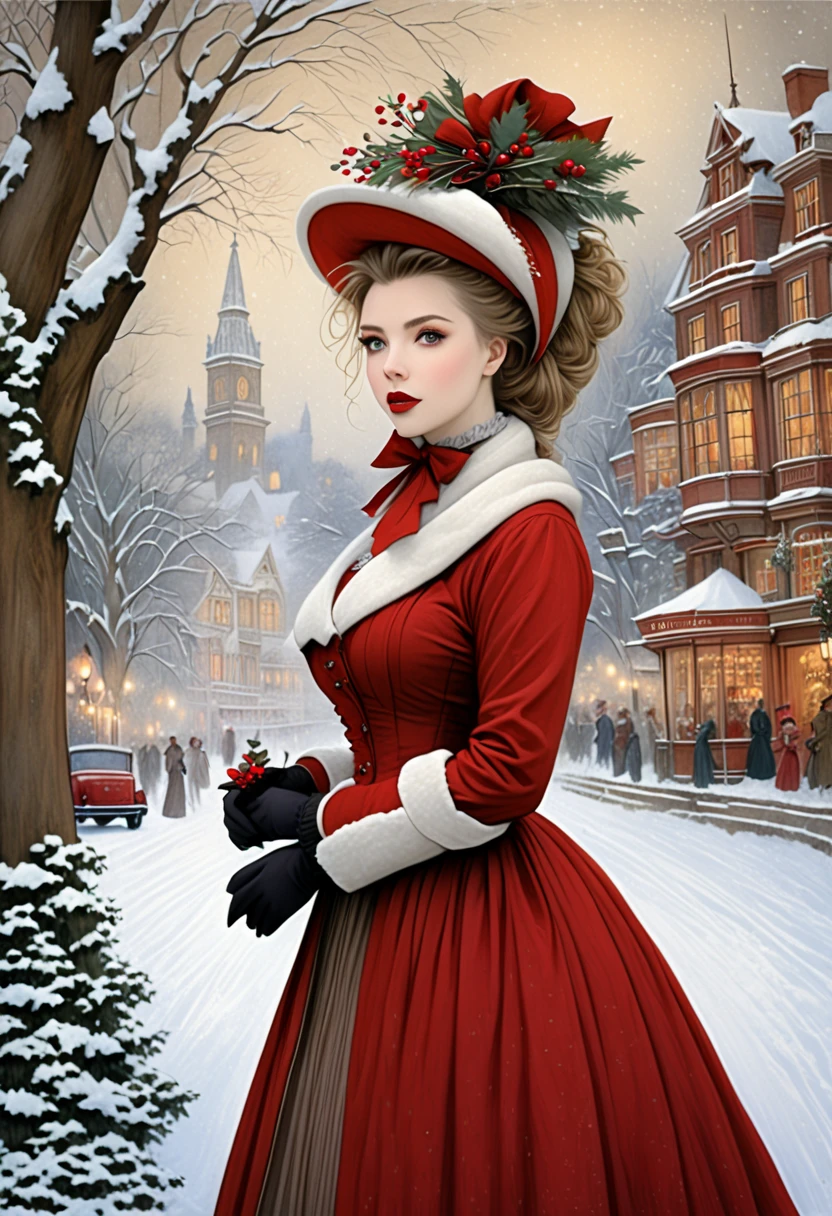 A Victorian Christmas. Pretty Lady. snow, tree. town. Scarlett Johanson. In The Style Of Brian Froud And Joe Sutphin
